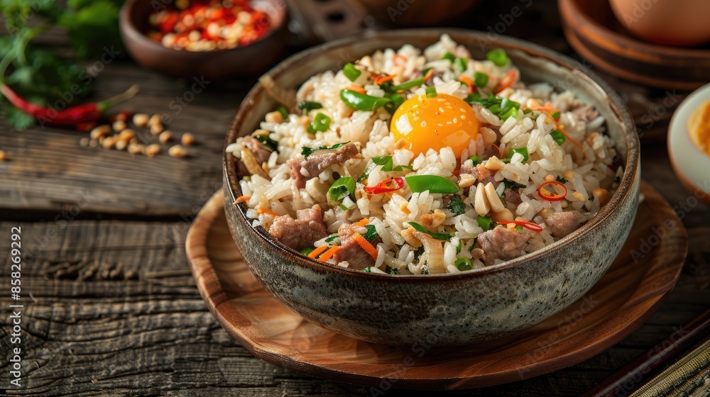 a plate featuring stir-fried ground pork, lots of rice, a sunny side up egg, and coriander, placed on a light wood table top under studio lighting. a plate featuring stir-fried ground pork, lots of rice, a sunny side up egg, and coriander, placed on a light wood table top under studio lighting.