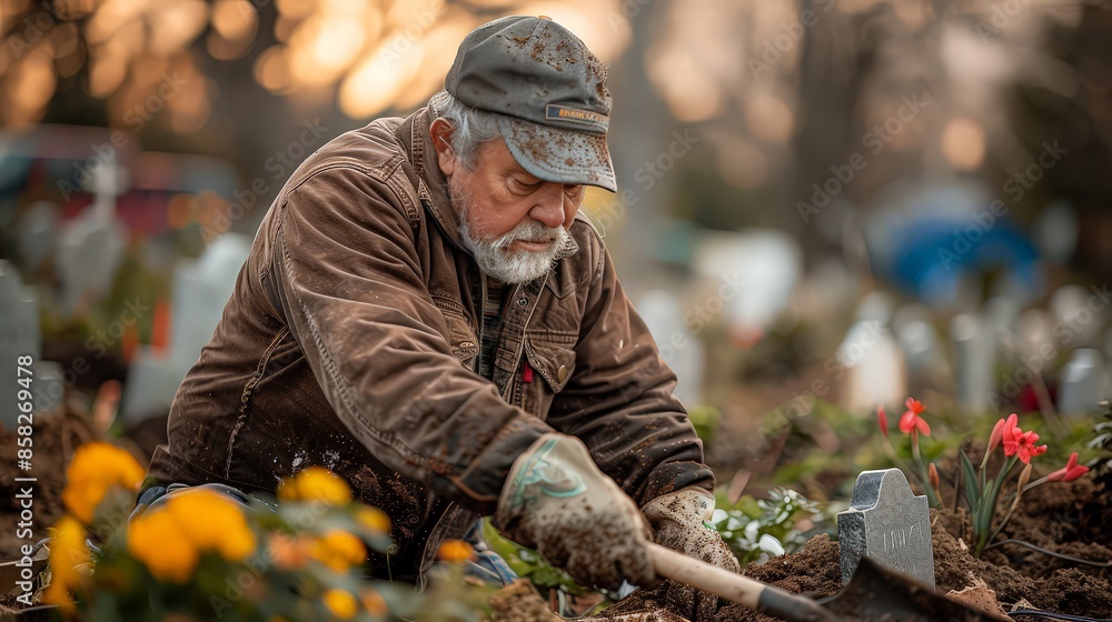 In a cemetery scene, a gravedigger solemnly digs a grave under an overcast sky, surrounded by headstones, creating a somber and reflective atmosphere. In a cemetery scene, a gravedigger solemnly digs a grave under an overcast sky, surrounded by headstones, creating a somber and reflective atmosphere.