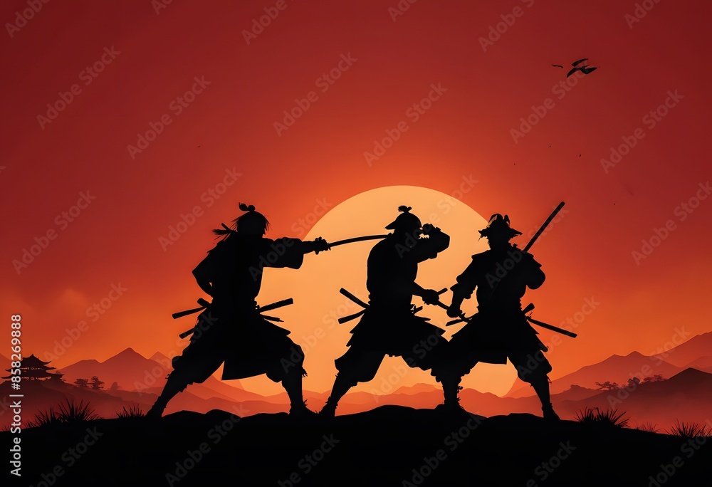 Three Silhouettes of Samurai Warriors at Sunset Three Silhouettes of Samurai Warriors at Sunset
