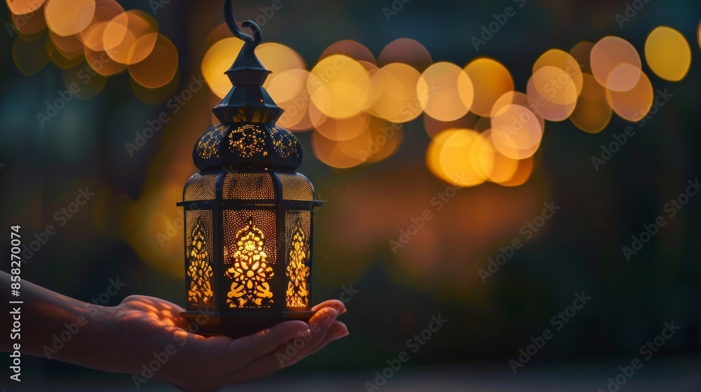 Photo of the Muslim holy month of Ramadan Kareem - give the child an Arabian lantern that lights up in the evening with abstract diffused light. Photo of the Muslim holy month of Ramadan Kareem - give the child an Arabian lantern that lights up in the evening with abstract diffused light.