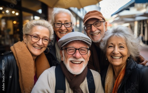 A group of older people are smiling for the camera. They are wearing glasses and hats. Scene is happy and cheerful