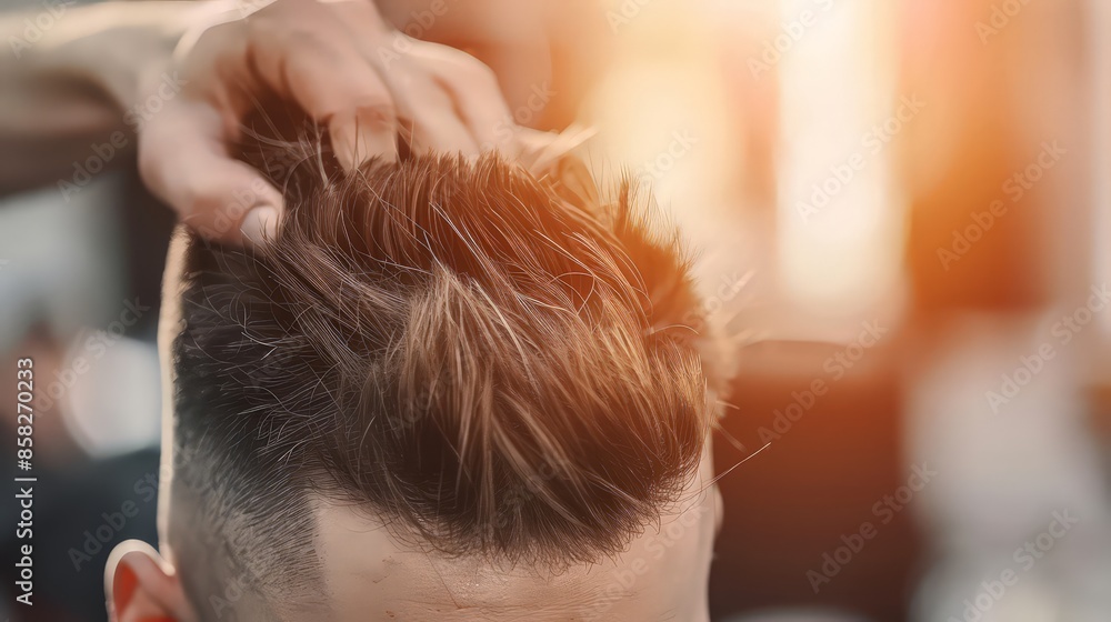 Fototapeta premium Haircut head in barbershop. barber cuts the hair on the head of the client.