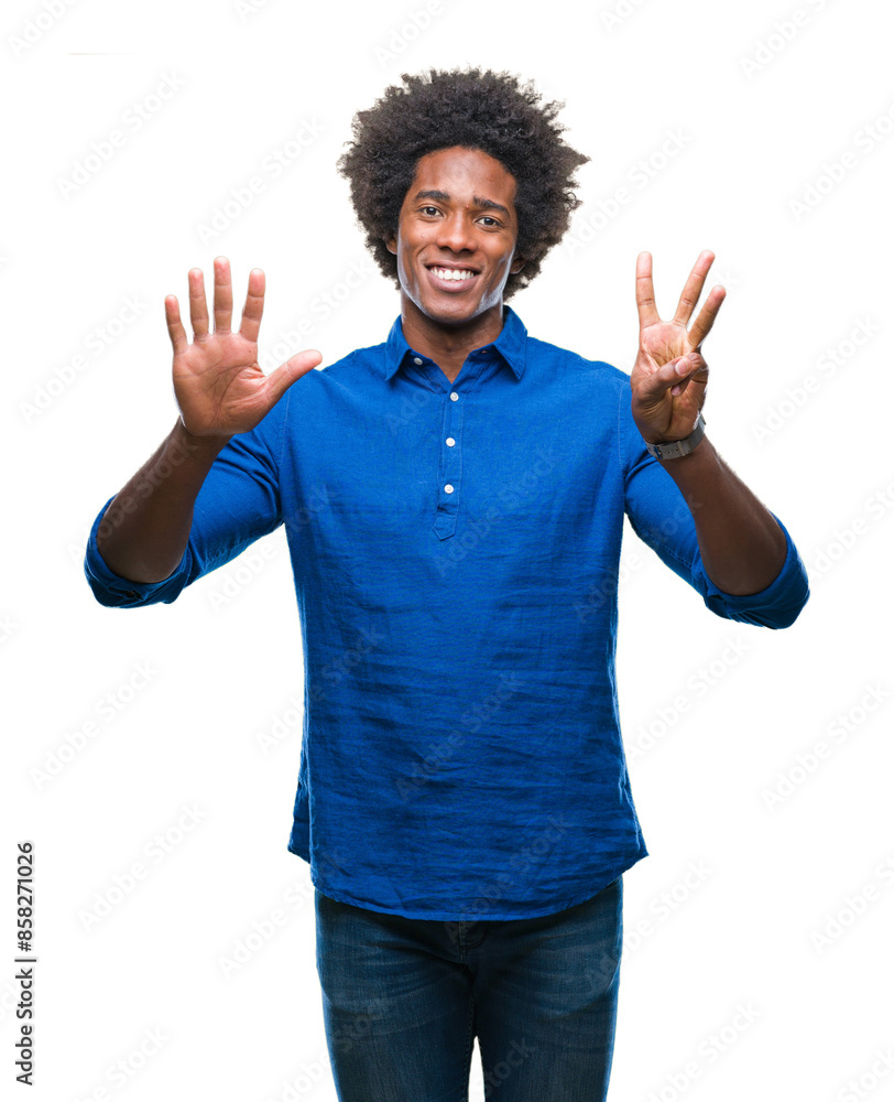 Afro american man over isolated background showing and pointing up with fingers number eight while smiling confident and happy. Afro american man over isolated background showing and pointing up with fingers number eight while smiling confident and happy.