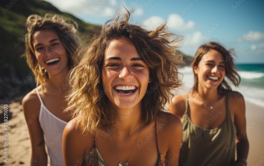 Three women are smiling and laughing on a beach. They are wearing tank tops and are enjoying their time together Three women are smiling and laughing on a beach. They are wearing tank tops and are enjoying their time together