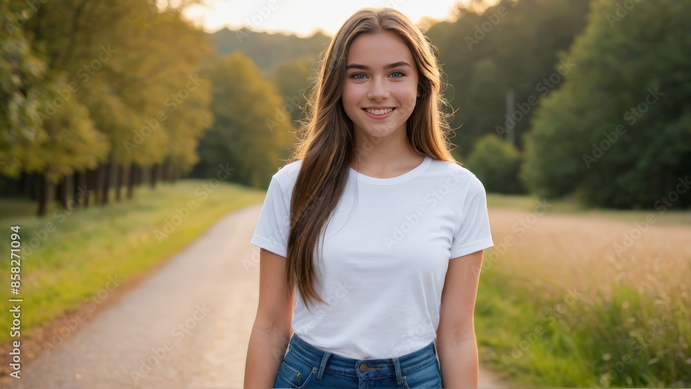 Teenage girl wearing white t-shirt and blue jeans standing in nature Teenage girl wearing white t-shirt and blue jeans standing in nature