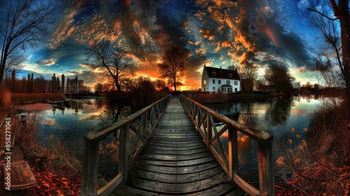 a colorful sunset, featuring green fields, an old windmill, and a small path leading to the mill along a canal reflecting the vibrant sky hues.