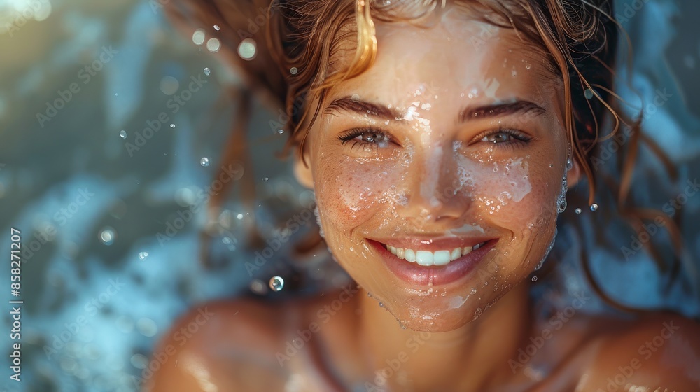 A close-up image of a woman with wet hair lying in the ocean water and smiling brightly, evoking the essence of summer fun, relaxation, and natural beauty. A close-up image of a woman with wet hair lying in the ocean water and smiling brightly, evoking the essence of summer fun, relaxation, and natural beauty.