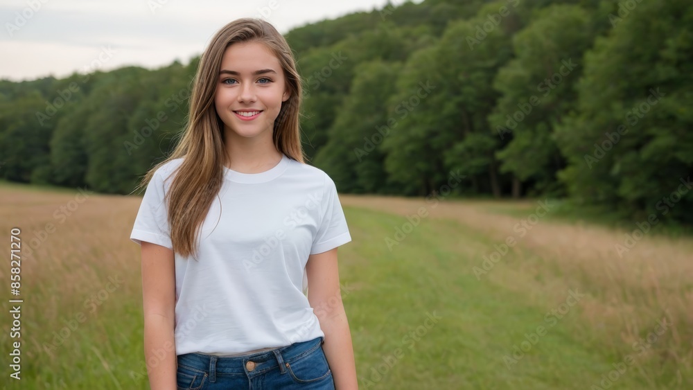 Teenage girl wearing white t-shirt and blue jeans standing in nature Teenage girl wearing white t-shirt and blue jeans standing in nature