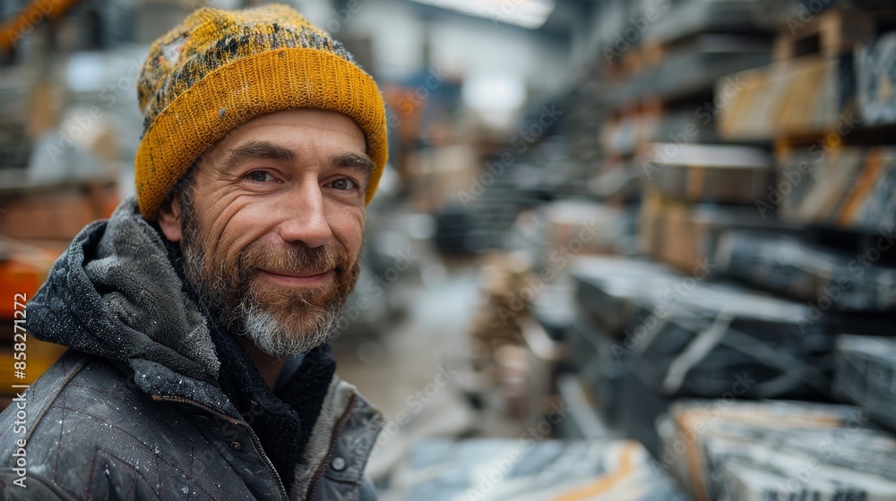 A bearded man wearing a yellow beanie and warm clothing smiles warmly while standing in a warehouse filled with construction materials, highlighting a gritty, industrious atmosphere. A bearded man wearing a yellow beanie and warm clothing smiles warmly while standing in a warehouse filled with construction materials, highlighting a gritty, industrious atmosphere.