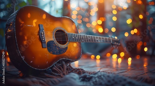Playing guitar: strumming chords, acoustic guitar, musical expression, relaxed ambiance photo