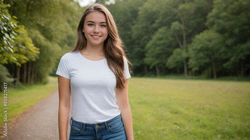 Teenage girl wearing white t-shirt and blue jeans standing in nature Teenage girl wearing white t-shirt and blue jeans standing in nature