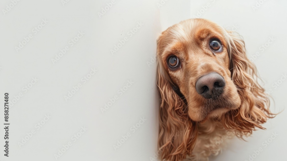 Happy Cocker Spaniel dog peeking from corner against white background with space for advertisement Happy Cocker Spaniel dog peeking from corner against white background with space for advertisement