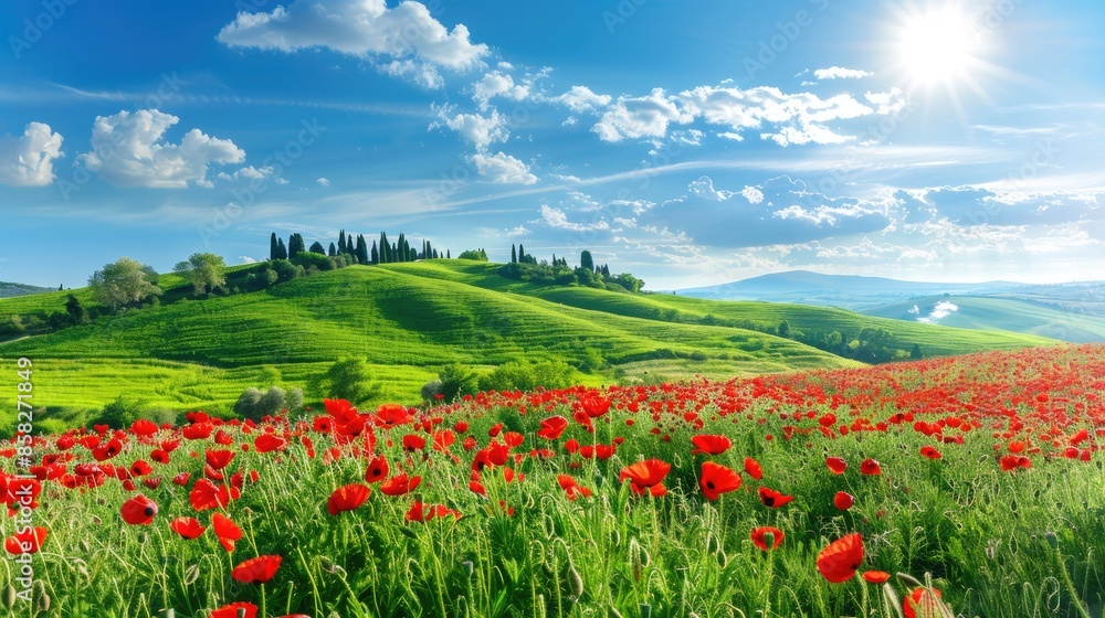 a beautiful summer landscape featuring green hills with poppies and cypress trees, under a blue sky with clouds. a beautiful summer landscape featuring green hills with poppies and cypress trees, under a blue sky with clouds.