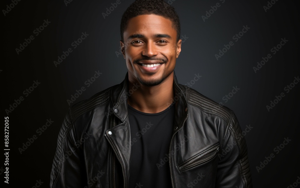 A man wearing a black leather jacket and a black shirt is smiling. He looks happy and confident A man wearing a black leather jacket and a black shirt is smiling. He looks happy and confident