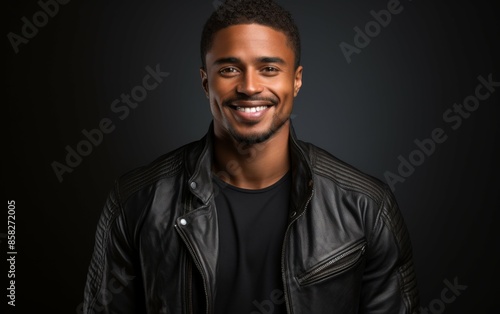 A man wearing a black leather jacket and a black shirt is smiling. He looks happy and confident