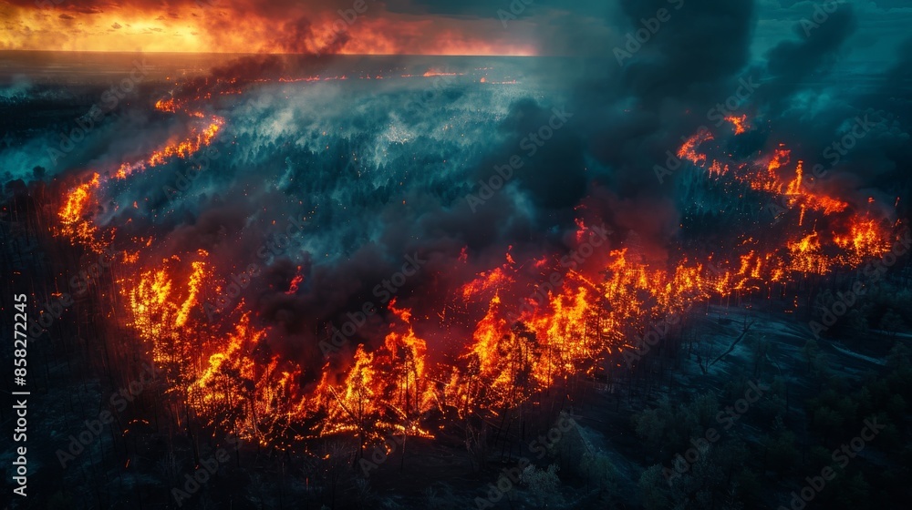 An expansive aerial view captures a raging forest fire at sunset, with flames lighting up the forest and smoke billowing into the darkening sky, creating a dramatic scene. An expansive aerial view captures a raging forest fire at sunset, with flames lighting up the forest and smoke billowing into the darkening sky, creating a dramatic scene.