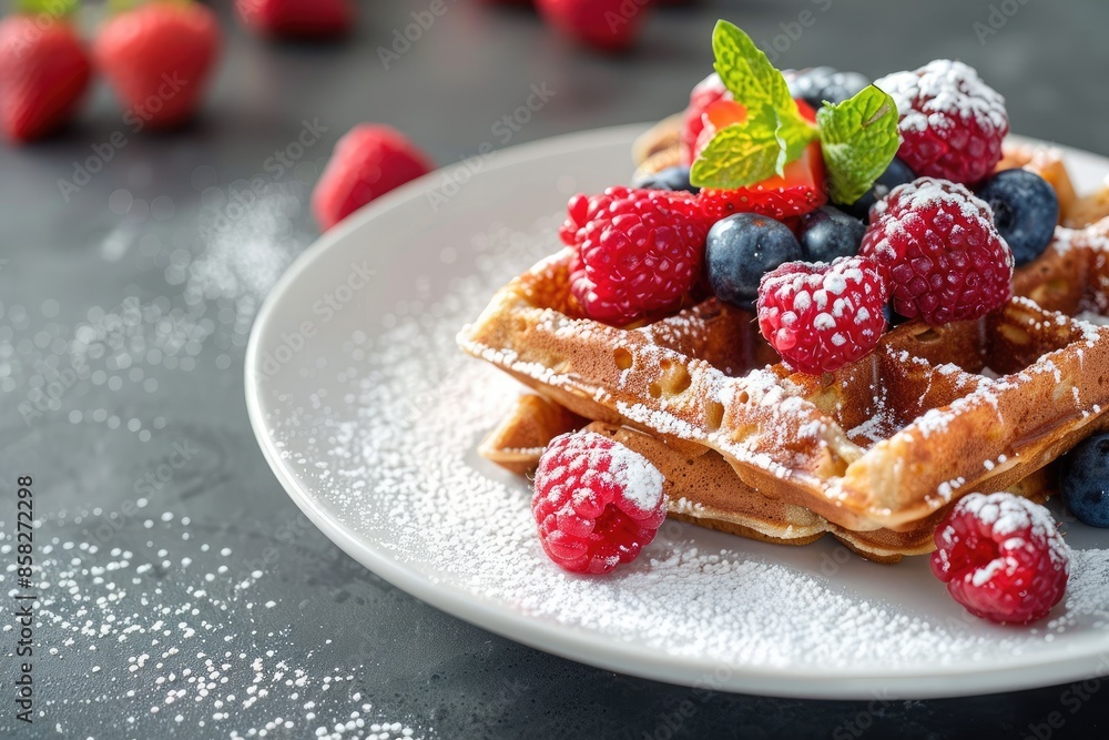 A delicious and healthy breakfast of whole grain waffles topped with fresh berries A delicious and healthy breakfast of whole grain waffles topped with fresh berries