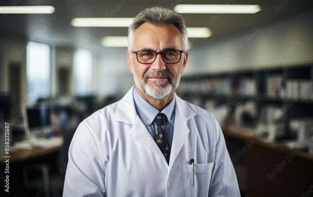 A man in a white lab coat and glasses is smiling for the camera. He is standing in a room with bookshelves and a computer A man in a white lab coat and glasses is smiling for the camera. He is standing in a room with bookshelves and a computer