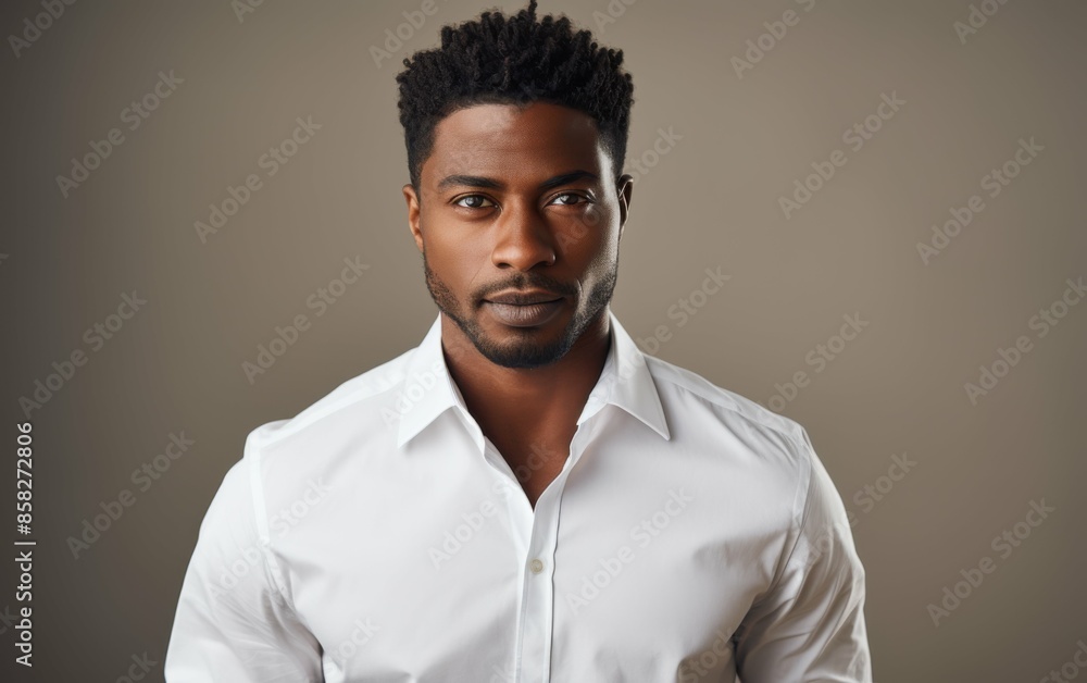 Obraz premium A man with a shaved head and a beard is wearing a white shirt. He is looking at the camera with a serious expression