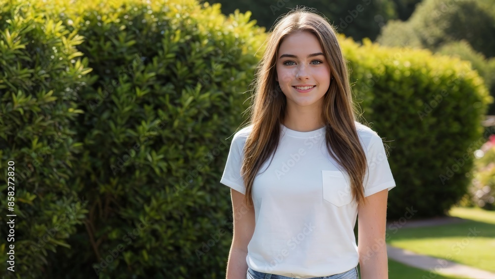 Teenage girl wearing white t-shirt and blue jeans standing in the garden Teenage girl wearing white t-shirt and blue jeans standing in the garden