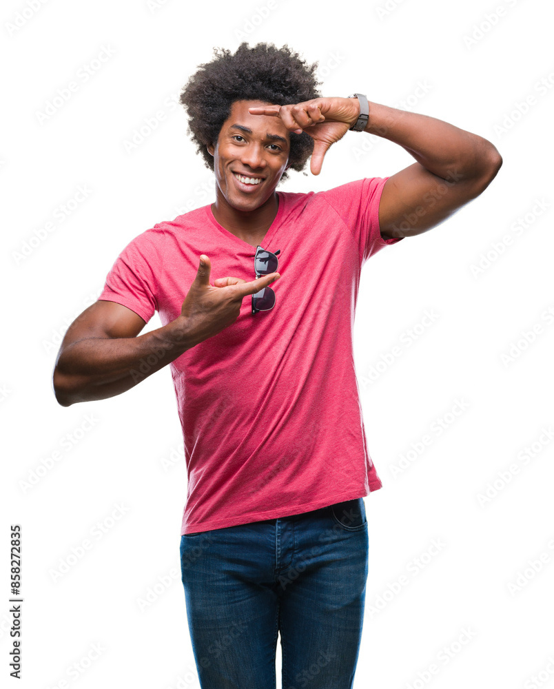 Afro american man over isolated background smiling making frame with hands and fingers with happy face. Creativity and photography concept. Afro american man over isolated background smiling making frame with hands and fingers with happy face. Creativity and photography concept.