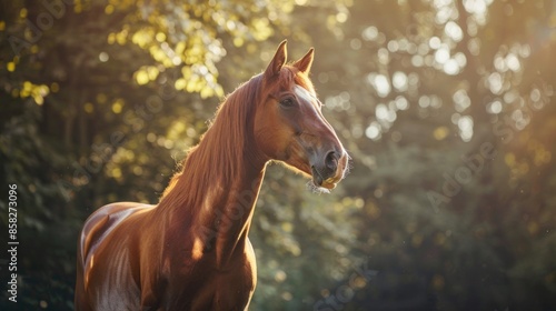 A brown horse is standing in a forest photo
