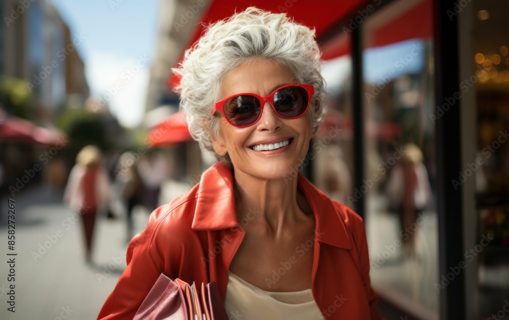 A woman in a red jacket and sunglasses is smiling and holding a shopping bag. The scene takes place on a street with other people walking around. The woman is enjoying her shopping experience A woman in a red jacket and sunglasses is smiling and holding a shopping bag. The scene takes place on a street with other people walking around. The woman is enjoying her shopping experience