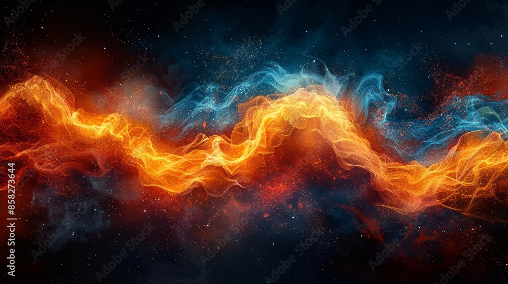 An abstract digital representation featuring a swirl of fiery orange and cool blue light waves, symbolizing the clash and harmony between heat and cold, passion and calm. An abstract digital representation featuring a swirl of fiery orange and cool blue light waves, symbolizing the clash and harmony between heat and cold, passion and calm.