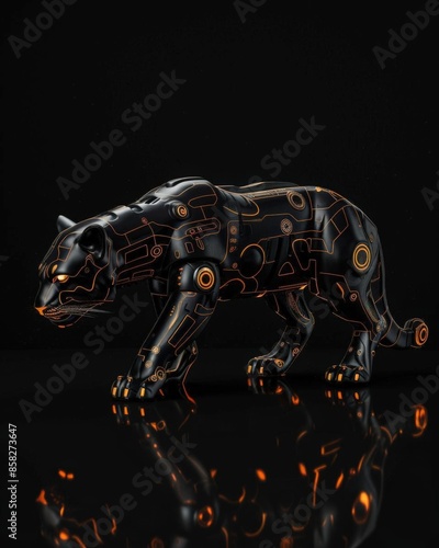 side fullbody shot of a stalking black jaguar with subtle orange glowing robotics isolated on a black background © Kanyakarn
