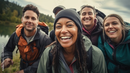 Photograph of a group of ethnically diverse business colleagues bonding over a shared passion for outdoor sports, captured in a candid moment of pure joy and exhilaration