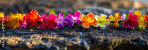 Lei Flower. Hawaiian Lei Necklace At Luau Party Welcoming Tourist to Hawaii Beach Vacation photo