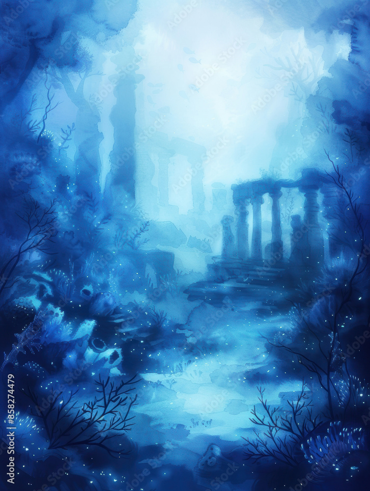 Underwater Ancient Ruins features a mystical scene of ancient ruins submerged underwater. The ethereal lighting and surrounding marine life add to the mysterious and captivating atmosphere. Underwater Ancient Ruins features a mystical scene of ancient ruins submerged underwater. The ethereal lighting and surrounding marine life add to the mysterious and captivating atmosphere.