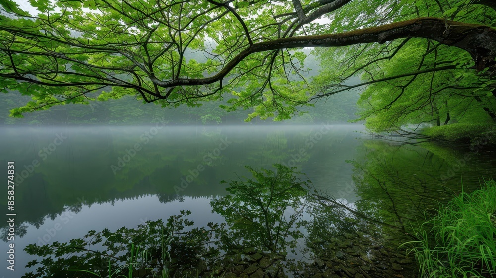 Serene lake view with mist and lush green trees reflecting on water, perfect for nature and tranquility themed projects. Serene lake view with mist and lush green trees reflecting on water, perfect for nature and tranquility themed projects.