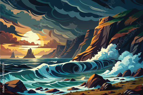 A dramatic seascape with crashing waves against rocky cliffs under a stormy sky, The waves are powerful and turbulent, creating a moody and atmospheric scene, cartoon illustration vector background