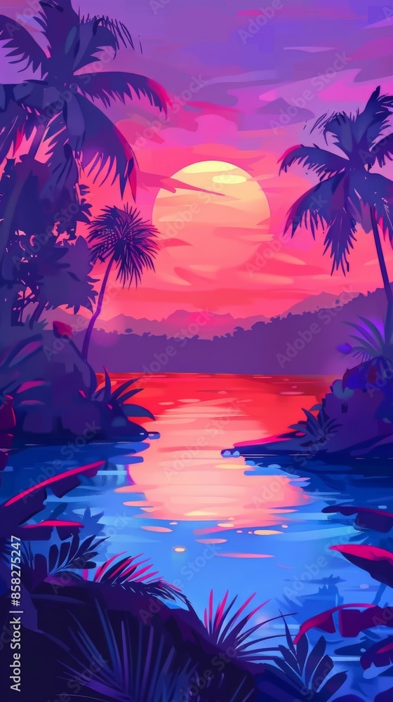 Obraz premium A vibrant sunset over a tropical river