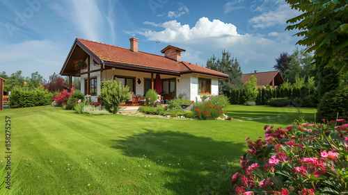 house with a well-maintained green lawn and blooming flowers,