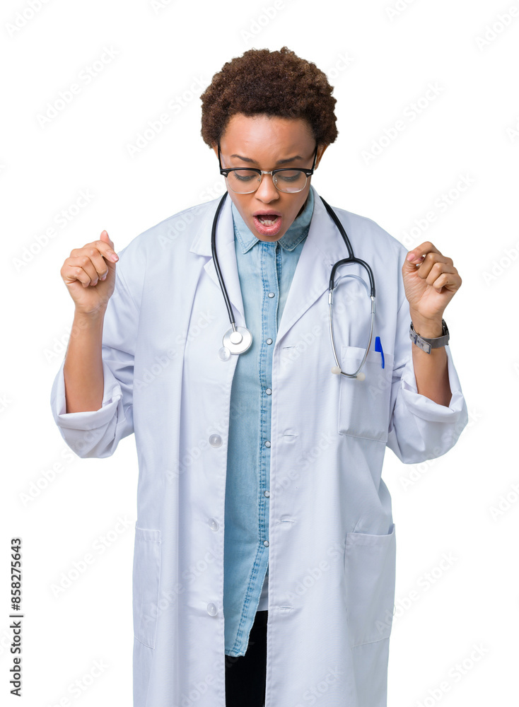 Young african american doctor woman wearing medical coat over isolated background Pointing down with fingers showing advertisement, surprised face and open mouth Young african american doctor woman wearing medical coat over isolated background Pointing down with fingers showing advertisement, surprised face and open mouth