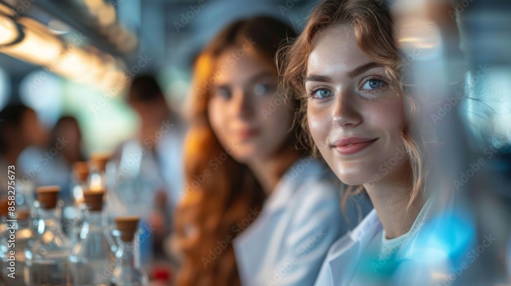 A female scientist in a laboratory setting smiling at the camera amidst her lab colleagues and equipment, representing scientific discovery, teamwork, and modern research environment. A female scientist in a laboratory setting smiling at the camera amidst her lab colleagues and equipment, representing scientific discovery, teamwork, and modern research environment.