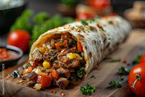 Turkish shawarma sandwich with vibrant red, yellow, black, and white colors. Street food concept.