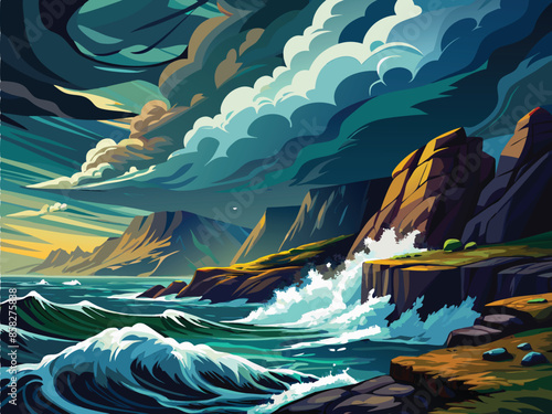 A dramatic seascape with crashing waves against rocky cliffs under a stormy sky, The waves are powerful and turbulent, creating a moody and atmospheric scene, cartoon illustration vector background