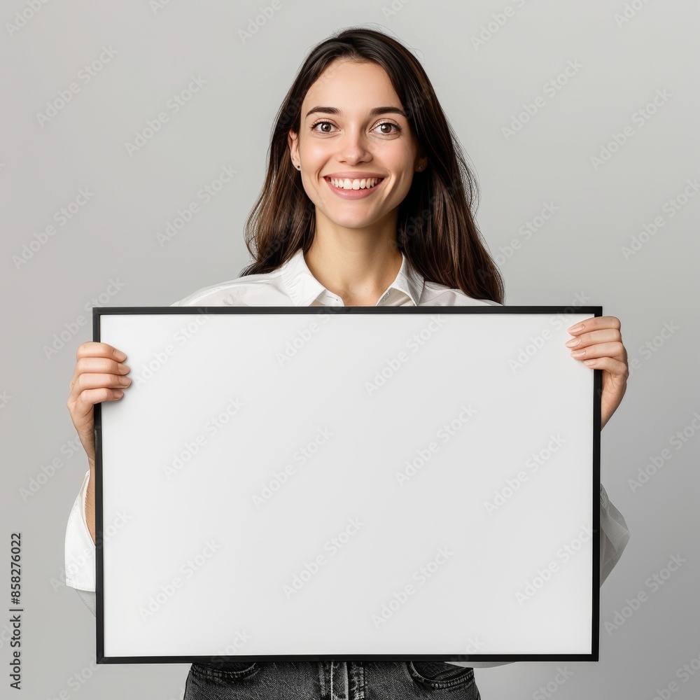 A young girl holds a white paper poster in front of her with an empty space. A young girl holds a white paper poster in front of her with an empty space.