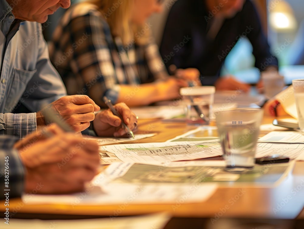 Group of People Working on Documents Around a Table Group of People Working on Documents Around a Table