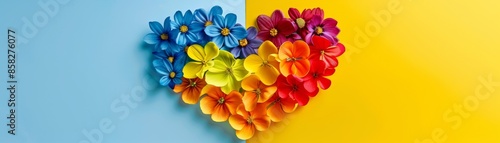 Colorful flowers shaped into a heart on a blue and yellow background, symbolizing love and creativity with vibrant floral design. Rainbow heart with flowers symbolizing LGBTQ pride and love