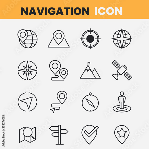 Navigation map GPS positioning. Coordinate grid quadrants and thin line web icons set. Vector illustration photo