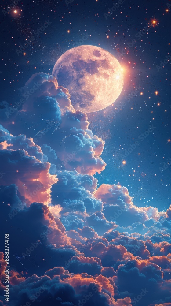 Naklejka premium Starry night sky with clouds and full moon