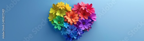 Heart-shaped arrangement of colorful flowers on a blue background, representing love and happiness in a vibrant artistic display. Rainbow heart with flowers symbolizing LGBTQ pride and love