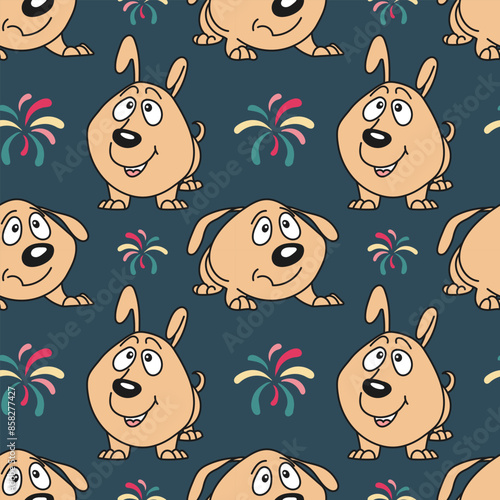 Seamless pattern, funny comical dogs on a blue background. Baby background, textile, print, vector