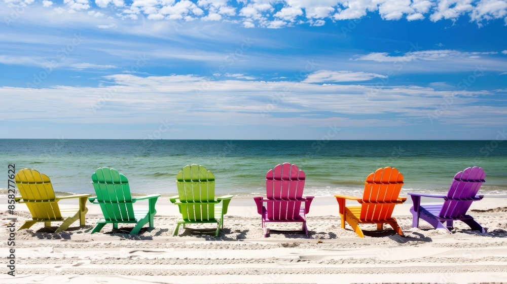 A row of colorful beach chairs are lined up on the beach. Generate AI image A row of colorful beach chairs are lined up on the beach. Generate AI image
