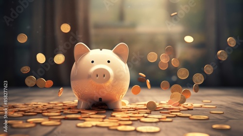 coins falling into a piggy bank savings, finance and deposit concept, photo