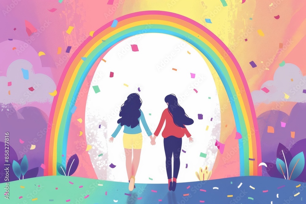 Two people holding hands walking under a rainbow with colorful confetti in the background, symbolizing joy and togetherness. Pride month and LGBTQ pride concept Two people holding hands walking under a rainbow with colorful confetti in the background, symbolizing joy and togetherness. Pride month and LGBTQ pride concept